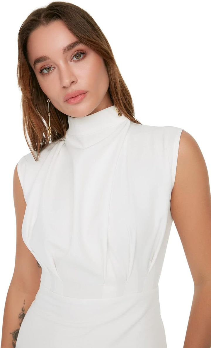 TRENDYOL Damen Gerade Midi-ärmel Tag Nacht Schlank Kleid Dress, 36 Ecru