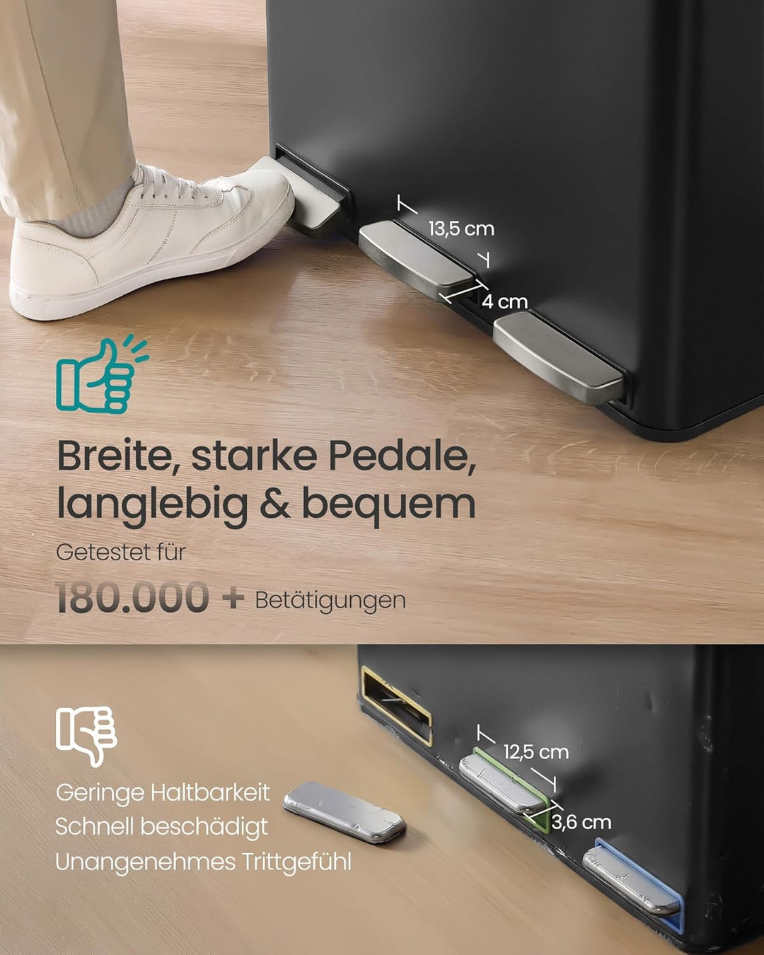 SONGMICS Mülleimer Küche, 3 x 18 L, Mülltrennsystem 3 Fächer, Abfalleimer mit 15 Müllbeuteln, Tretmü