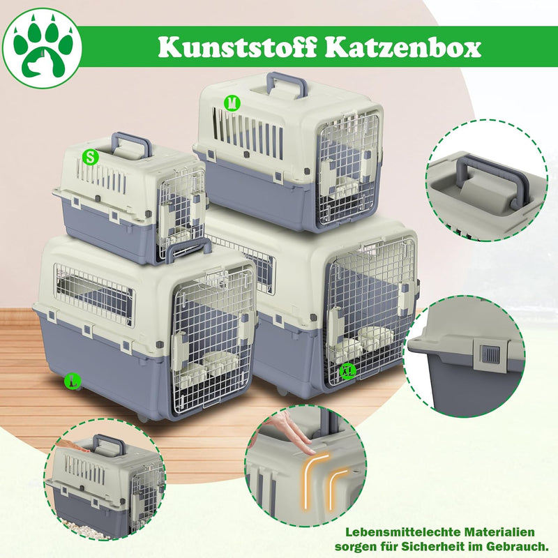 SUBTLETY Transportbox für Hunde & Katzen 67x51x58cm Kunststoff Flugzeugbox mit Handgriff, Futternapf