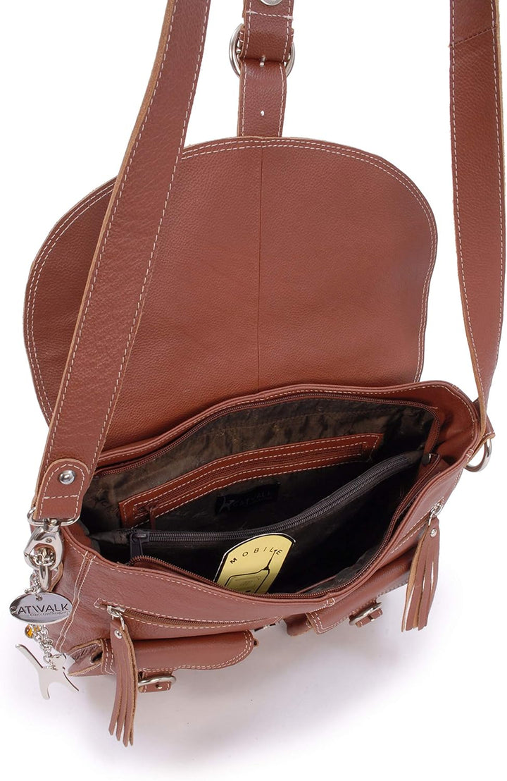 Catwalk Collection Handbags - Leder - Grosse Überschlagtasche/Schultertasche - COURIER L Hellbraun,
