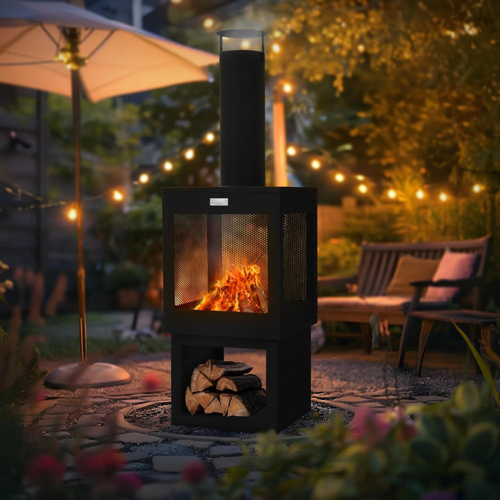ML-Design Gartenkamin mit Schornstein 128x40 cm eckig, Stahl, Outdoor Gartenofen, Terrassenofen mit