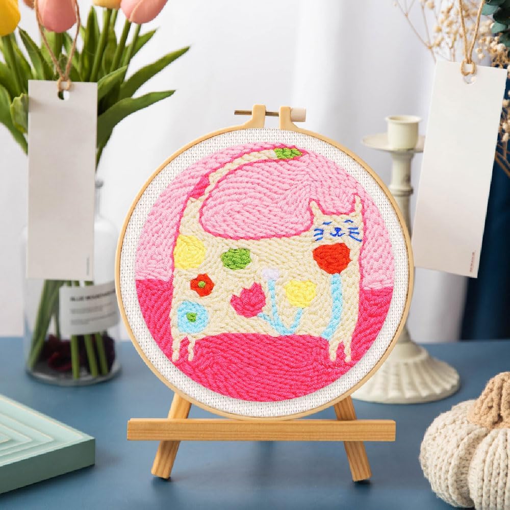 Figured'Art Punch Needle Set für Erwachsene - Stickerei, ideal für Anfänger - Blumenkatze - 20x20cm