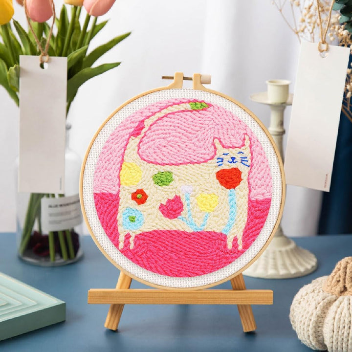 Figured'Art Punch Needle Set für Erwachsene - Stickerei, ideal für Anfänger - Blumenkatze - 20x20cm