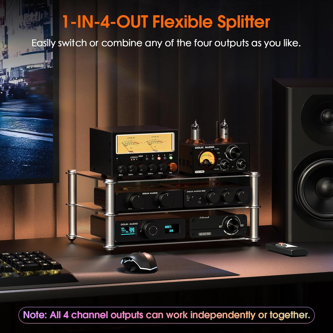 Nobsound D5 4-Wege Audioschalter: 5-Band HiFi Stereo EQ Vorverstärker und Cinch Splitter mit VU-Mete