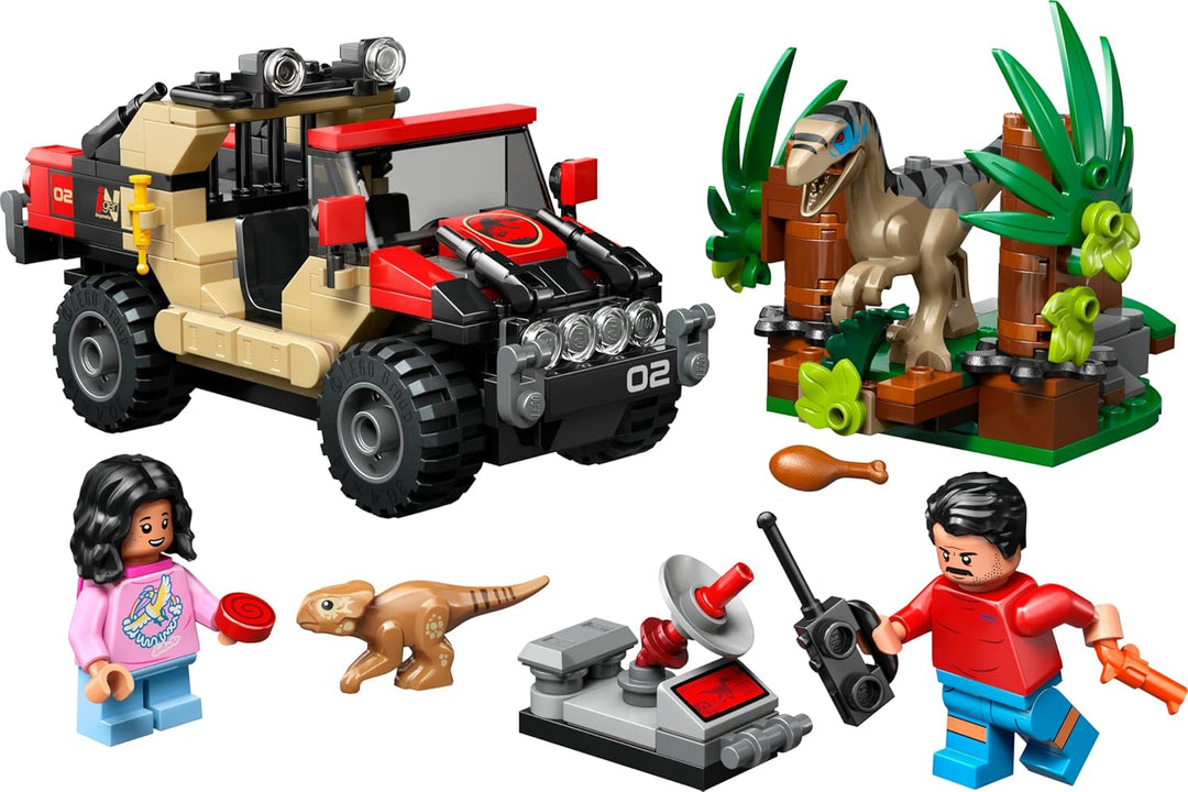 LEGO Jurassic World Raptor: Verfolgungsjagd mit dem Geländewagen – 2 Dinosaurier Figuren, Auto, 2 Mi