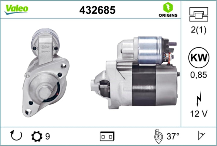 VALEO 432685 Starter Nennleistung: 0,85 kW Stop & Start: NO Zähnezahl: 9 zähne Spannung: 12 V Drehri