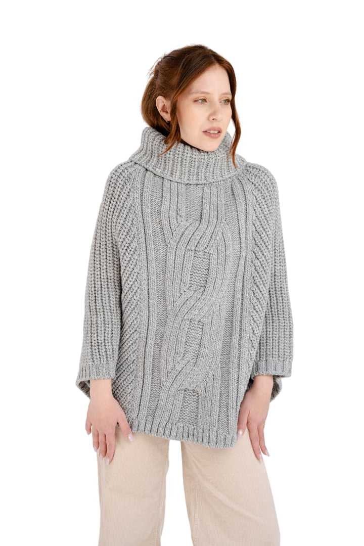 SAOL Damen Poncho aus 100% Merinowolle mit Zopfmuster für Damen Einheitsgrösse Einheitsgrösse Grau,