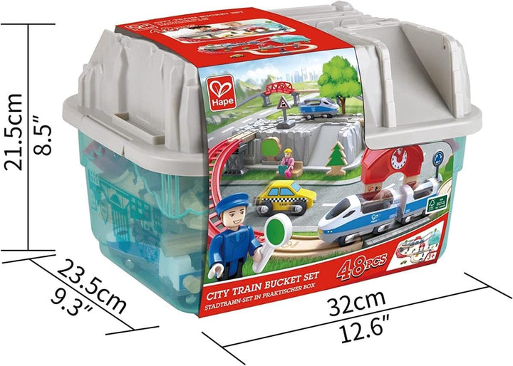 Hape Eisenbahnwelt Spielset mit Aufbewahrungsbox, 48 Teile, an 3 Jahren Stadtzug, Stadtzug