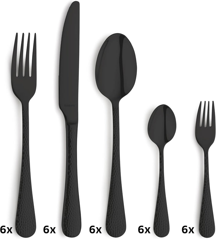 Kuppels Besteck-Set 30-tlg, schwarz, Hammerschlag-Design, 18/0 | Edelstahl-Besteckset für 6 Personen