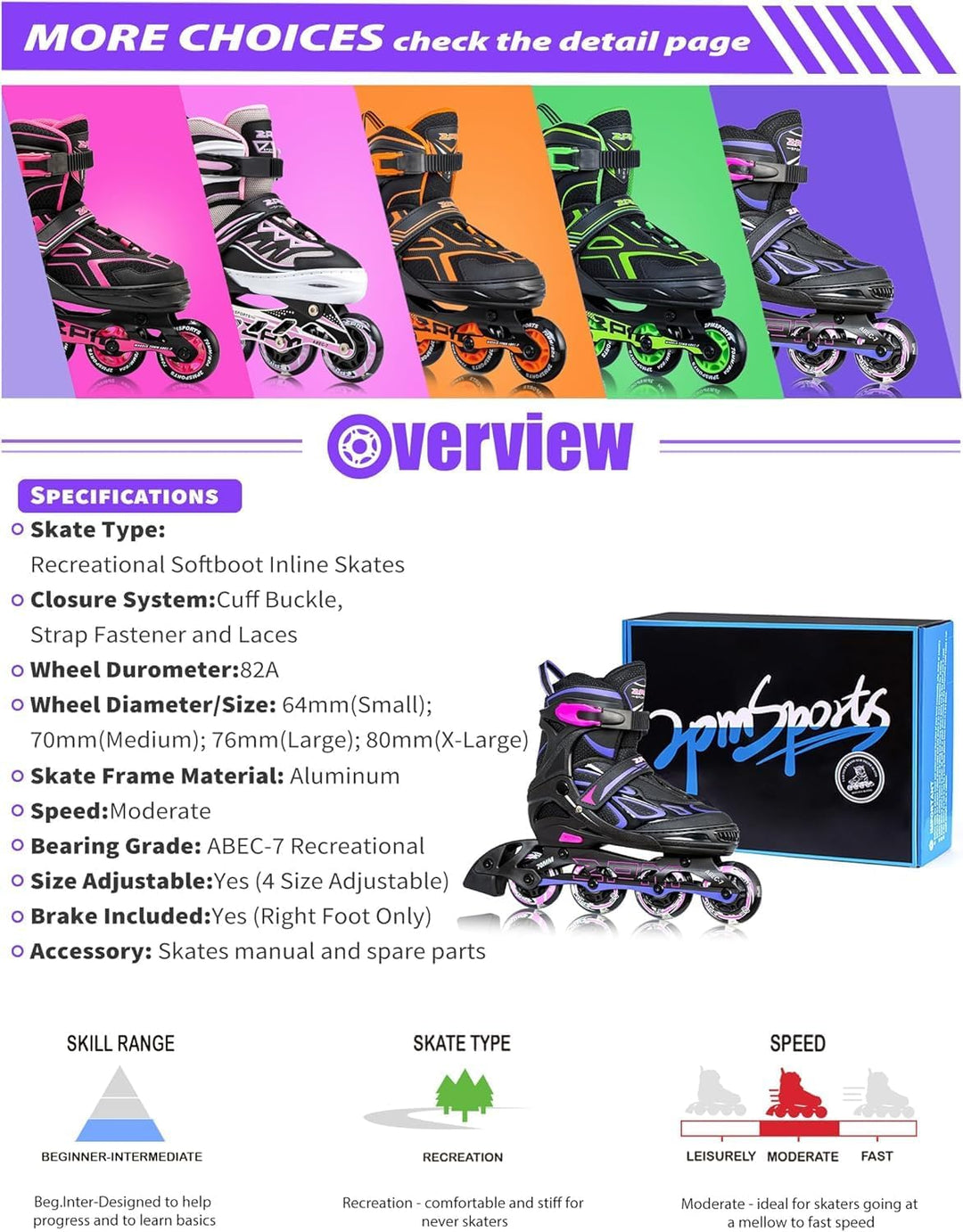 2PM SPORTS Verstellbar Inliner für Kinder, Leucht Inline Skates Rollschuhe für Damen/Herren A Violet