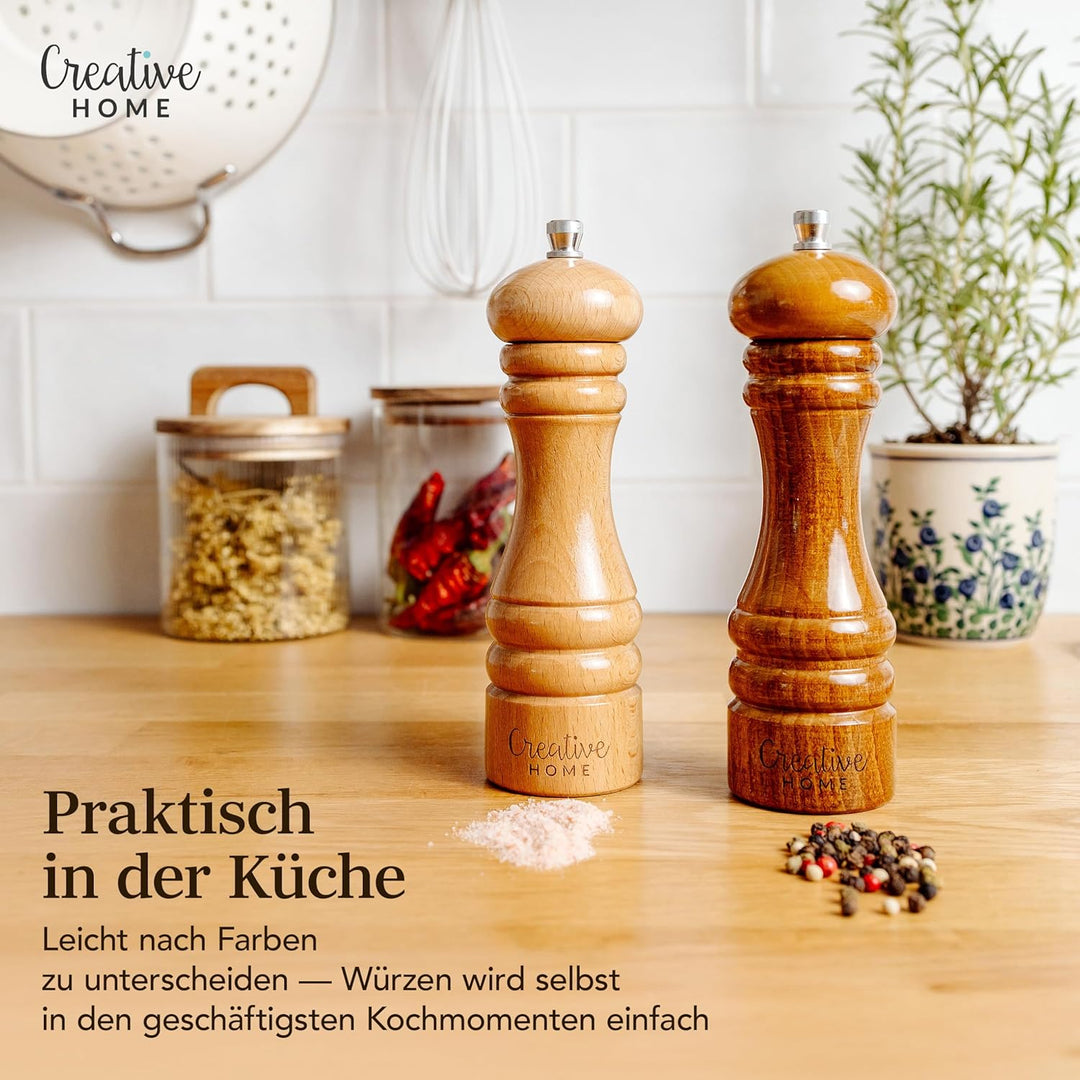 Creative Home Grosse Salz und Pfeffermühle Holz | Set von 2 Mühlen mit Mini-Holzschaufel | 18cm Höhe