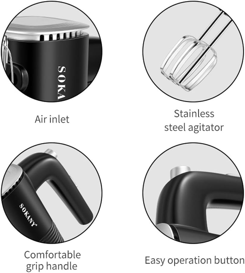 SOKANY 800W Handrührgerät Edelstahlkneter Handmixer, 5 Geschwindigkeiten mit Exit-Taste, Handrührer