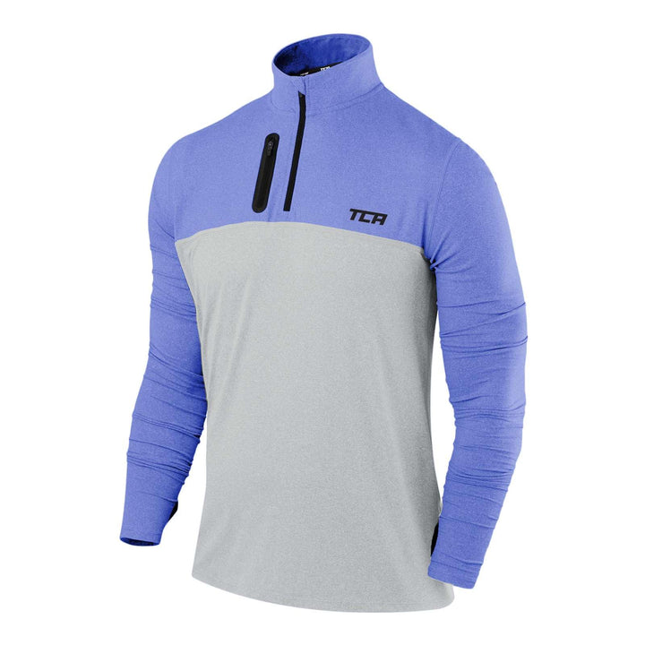 TCA Herren Fusion Pro Quickdry Langarm Lauf Shirt mit Halbem Reissverschluss Blau/Grau S, Blau/Grau