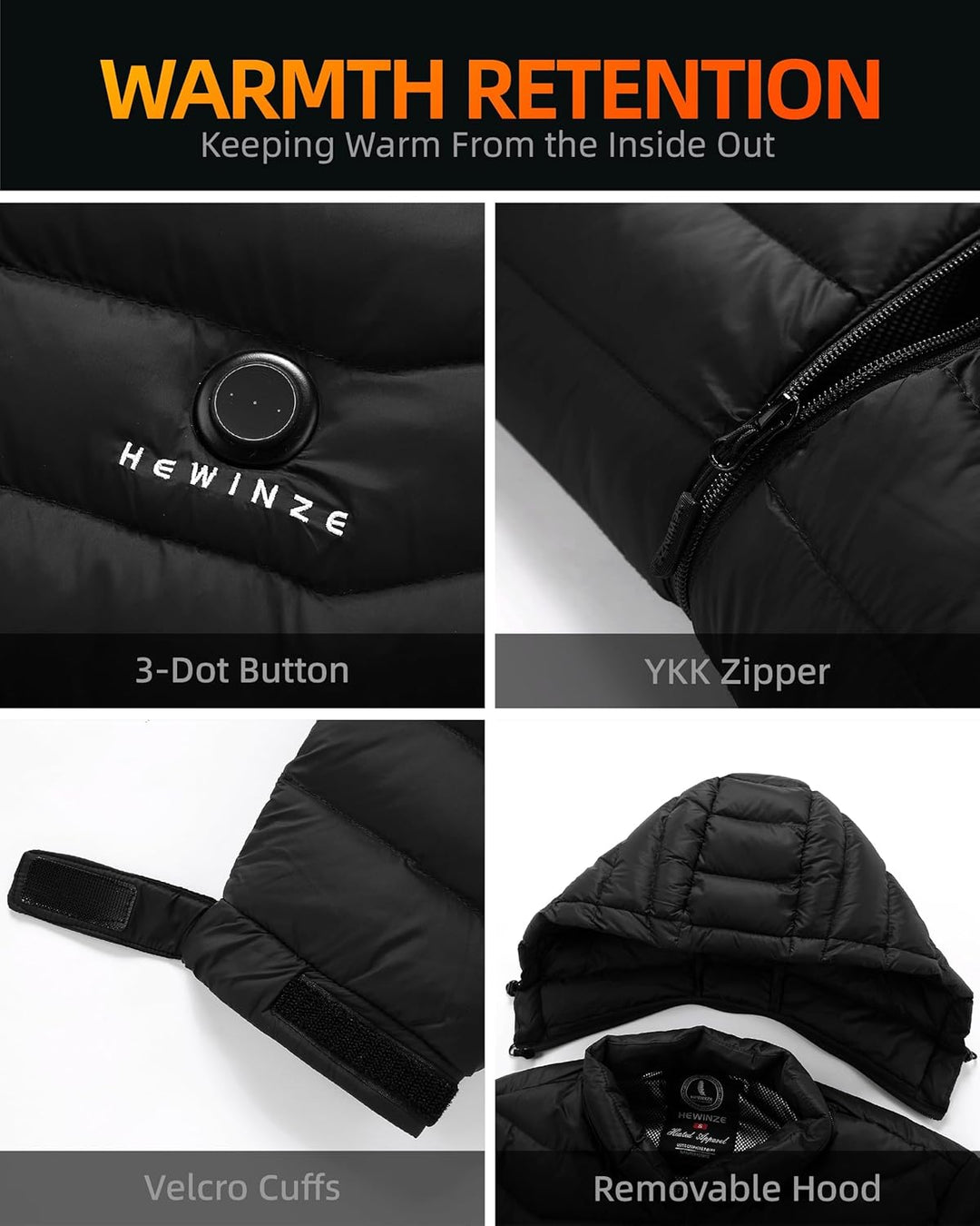 HEWINZE Beheizbare Jacke Herren mit kapuze,Warme Pufferjacke Damen mit akku 5V 10000mAh,Winterjacke