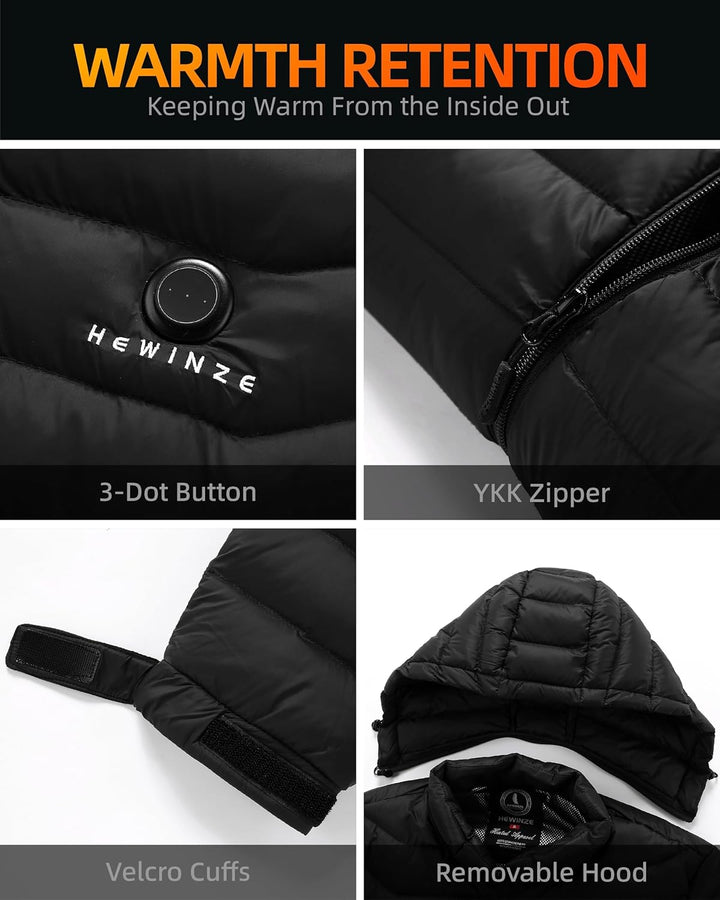 HEWINZE Beheizbare Jacke Herren mit kapuze,Warme Pufferjacke Damen mit akku 5V 10000mAh,Winterjacke