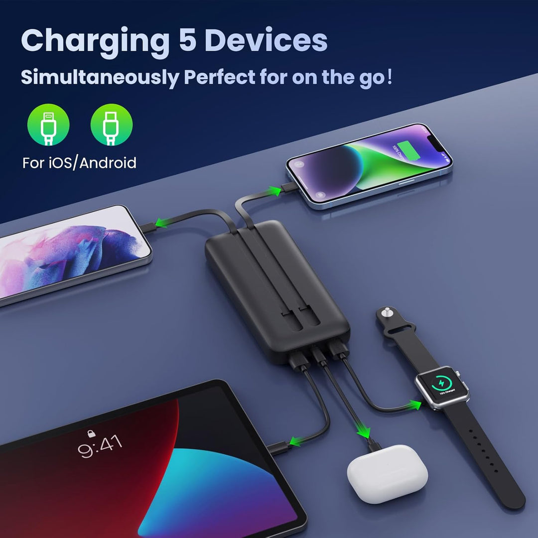 Power Bank USB C mit Kabel 26800mAh, PD 25W QC4.0 Schnellladung Powerbank, 5 Ausgängen Externe Handy