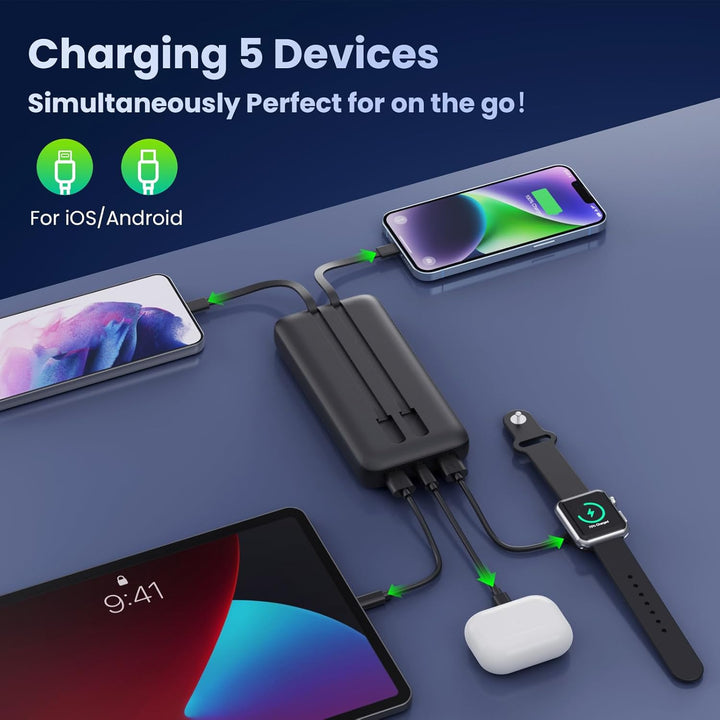 Power Bank USB C mit Kabel 26800mAh, PD 25W QC4.0 Schnellladung Powerbank, 5 Ausgängen Externe Handy