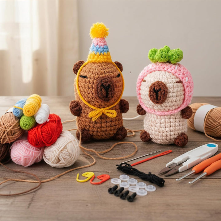 Hoypeyfiy Häkel-Set, Capybara-Stil Komplettes Häkeltiere Set mit Video-Anleitung Einfache Häkelanlei