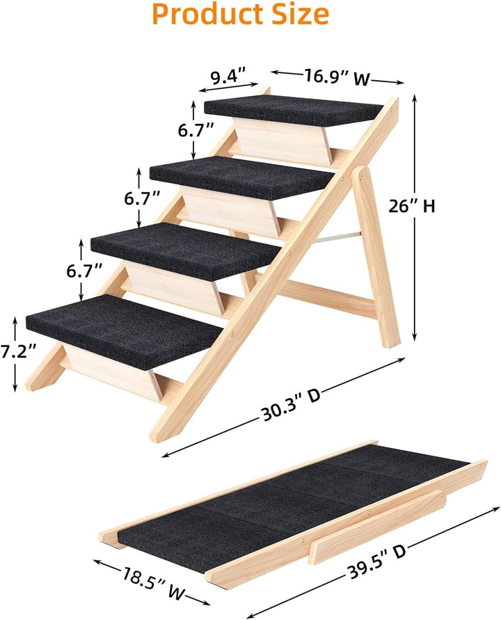 Holz-Hundetreppe & Rampe 2-in-1, Klappbar und Tragbar für Kleine und Mittelgrosse Hunde sowie Katzen