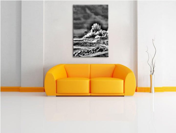 Pixxprint Monocrome, Küste Unwetter Meer Wellen Klippe, Format: 100x70 auf Leinwand, XXL riesige Bil