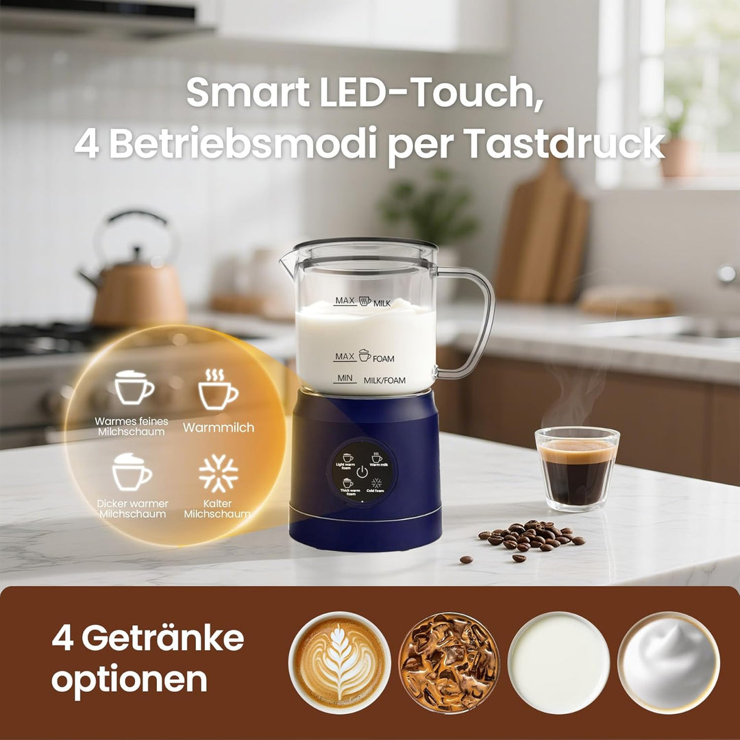 Milchaufschäumer Elektrisch 4 in 1, Automatischer Milchwärmer Milchschäumer für heiss und kalt, Glas