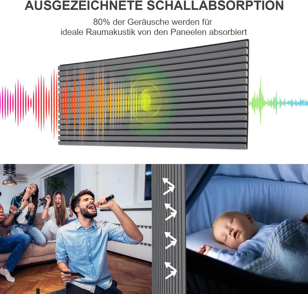 Akustikpaneele Holz 2,88㎡ - 4er Set 120x60cm Wandverkleidung 3D Lamellenwand Grau, Holz Wandpaneele