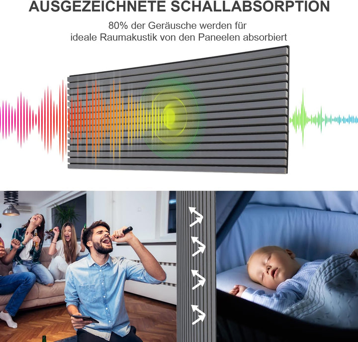 Akustikpaneele Holz 2,88㎡ - 4er Set 120x60cm Wandverkleidung 3D Lamellenwand Grau, Holz Wandpaneele