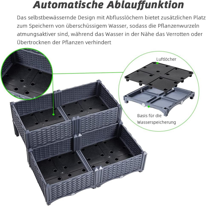 Mingone Blumenkasten Rattan Optik Blumentopf aus Kunststoff Blumenkasten Balkonkasten mit Wasserspei