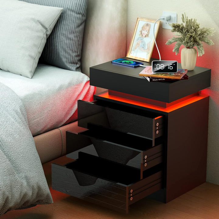 PIPIPOXER Nachttisch mit LED Beleuchtung, Beistelltisch in Schwarz mit grossen Stauraum,Nachttische