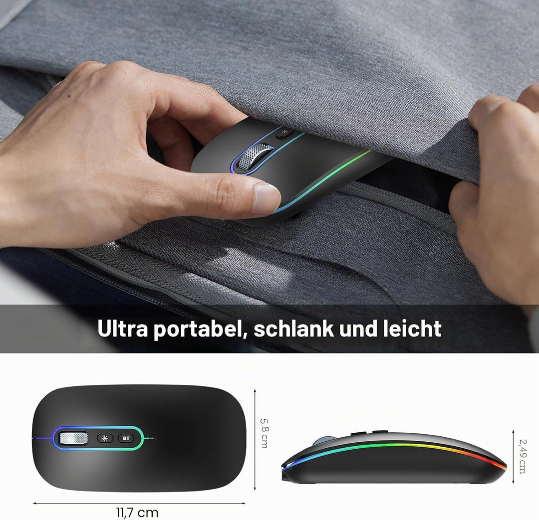 cimetech Bluetooth Maus kabellos (Bluetooth 5.1 + USB 2,4 GHz) LED Dual Mode- Wiederaufladbare Optis