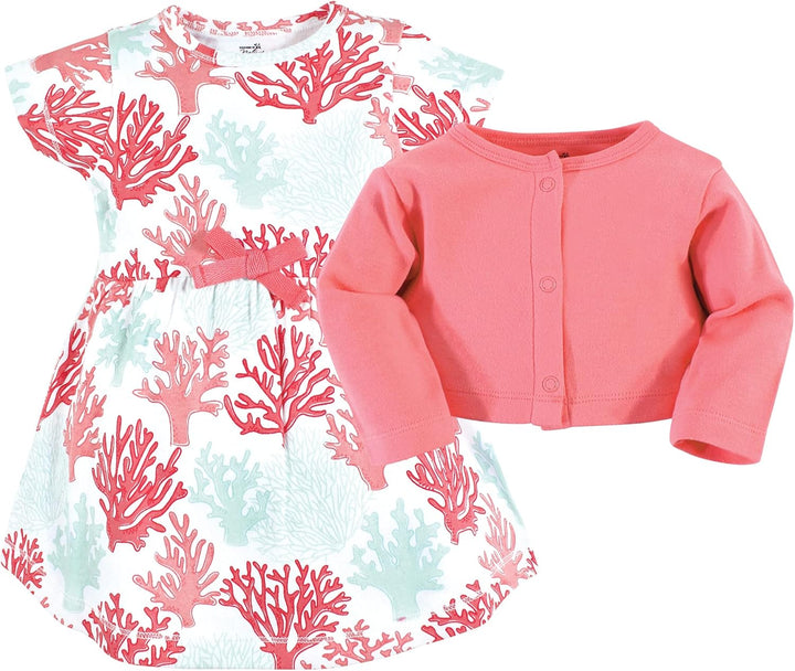 Touched by Nature Mädchen Kleid und Strickjacke aus Bio-Baumwolle Lässiges Kleid 3-6 Monate Koralle