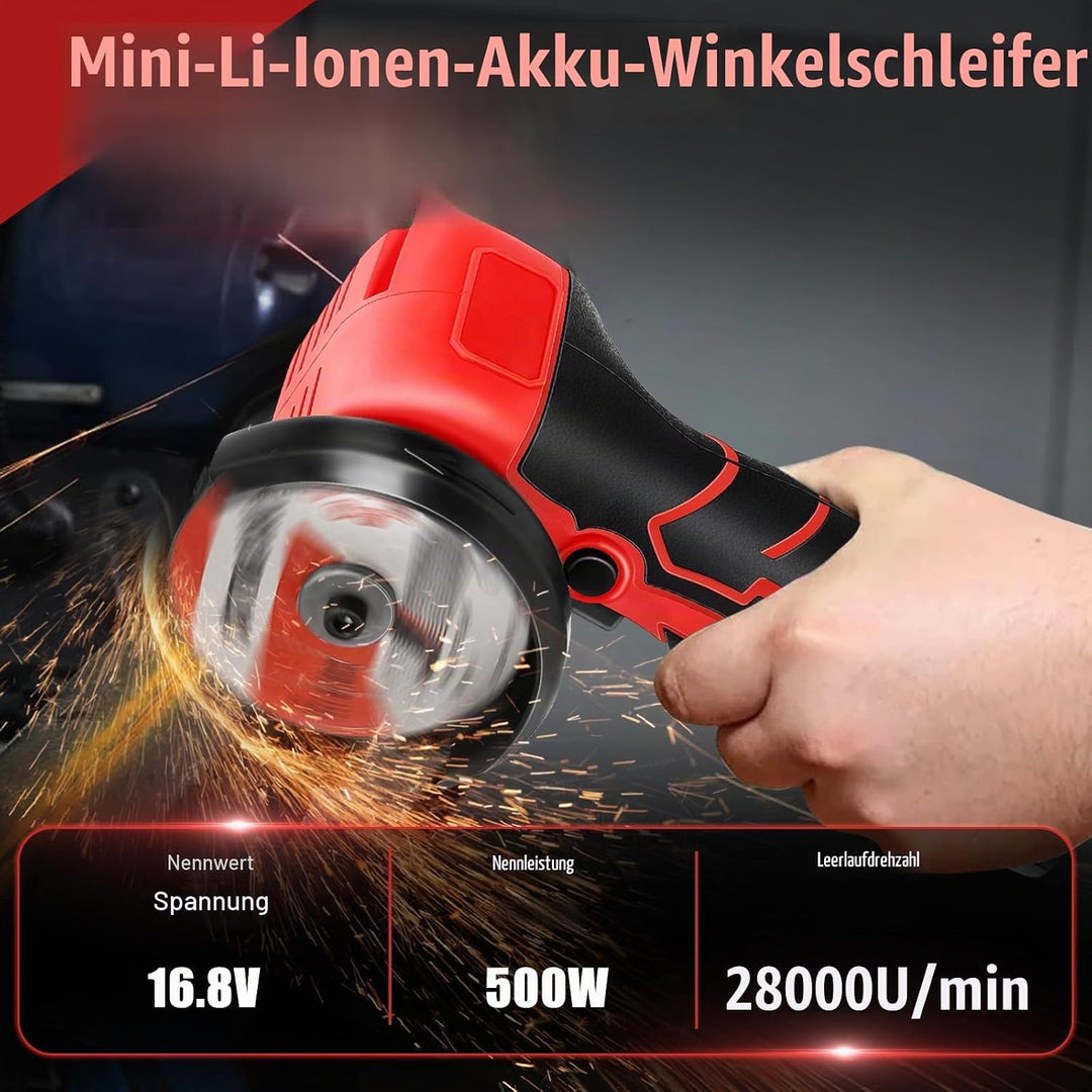 Akku Winkelschleifer, 16.8V Mini Winkelschleifer mit 2 x Batterien 2000mah, 76MM, 28000rpm, Mini Akk