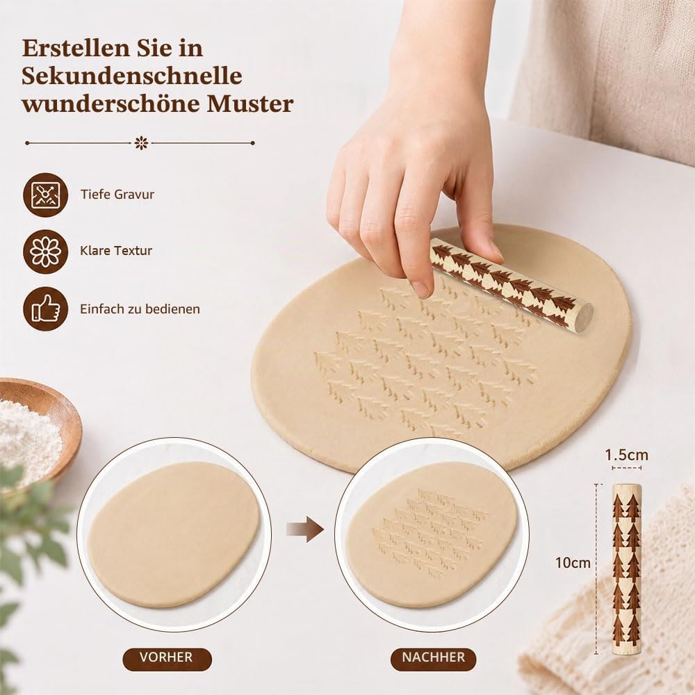 16 Stück Holz Texturrolle für Ton &amp; Keramik 10x1.5cm 16 Stile Töpferstempel Rollen Klein Runde Töpfe