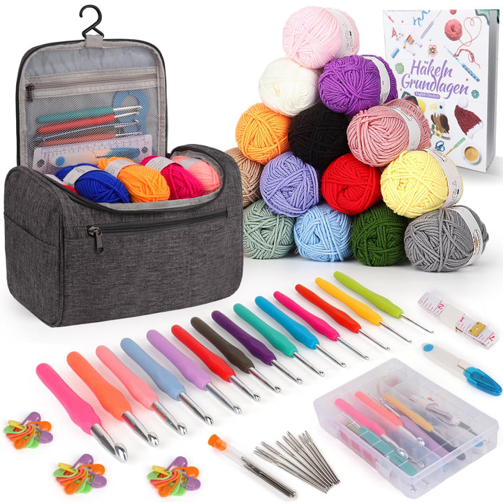 Coopay 73 Stück Häkelset für Anfänger, Tragbar Häkelnadel Set mit 15 Wolle, Tasche, Häkelzubehör, 2,