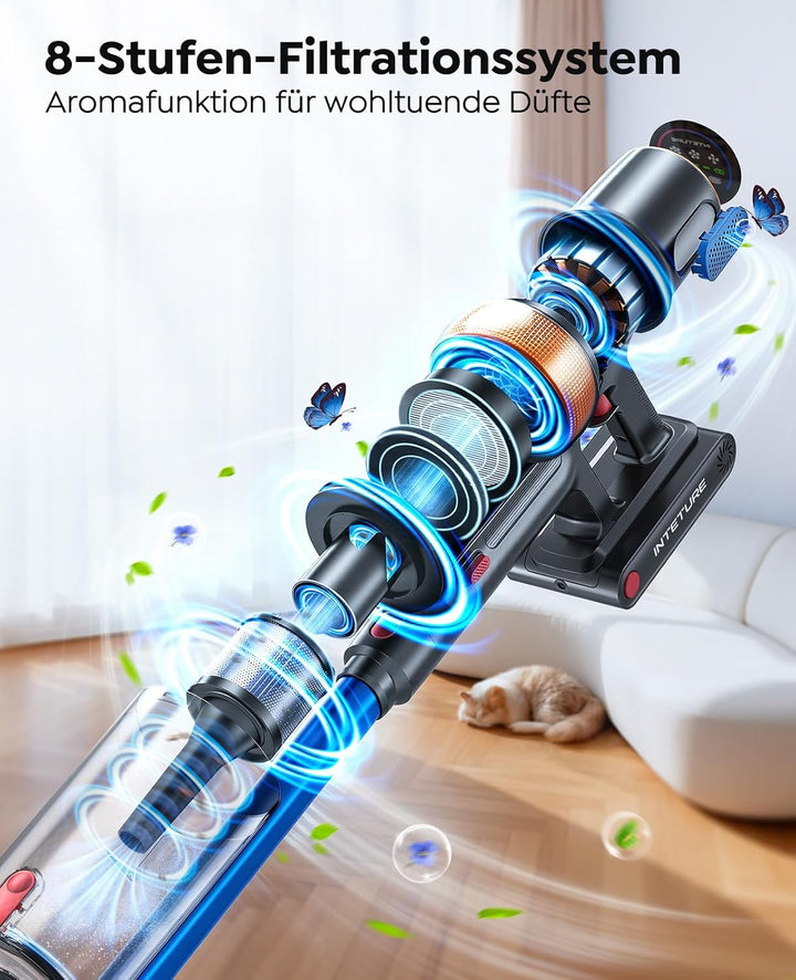 Akku Staubsauger 600W/50KPA/65Min,Selbststehender Staubsauger Kabellos mit Matratzenreinigungsbürste