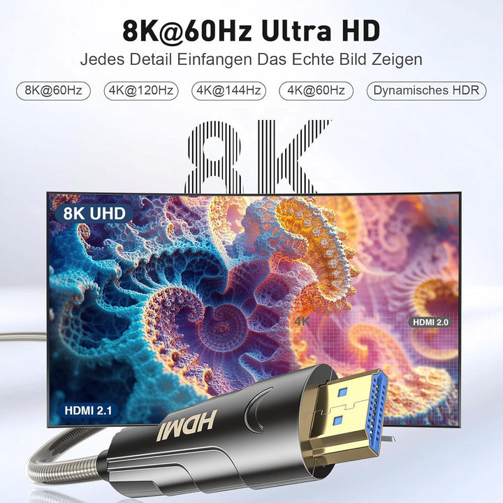 8K HDMI Glasfaserkabel10M,Stahlpanzerung Optisch HDMI 2.1 Kabel 48Gbps Ultra High Speed,In Wall CL3