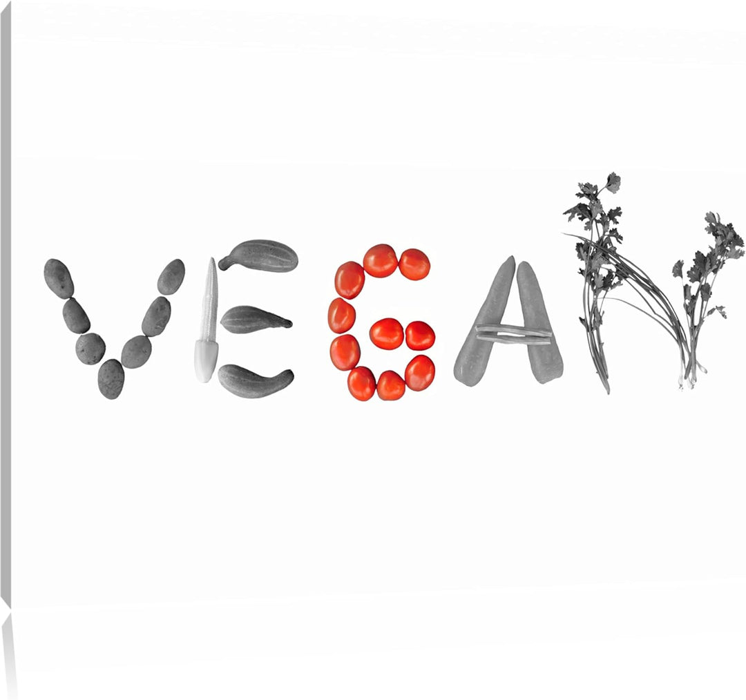 Schriftzug Vegan Gemüse schwarz/weiss Format: 100x70 cm auf Leinwand, XXL riesige Bilder fertig gera