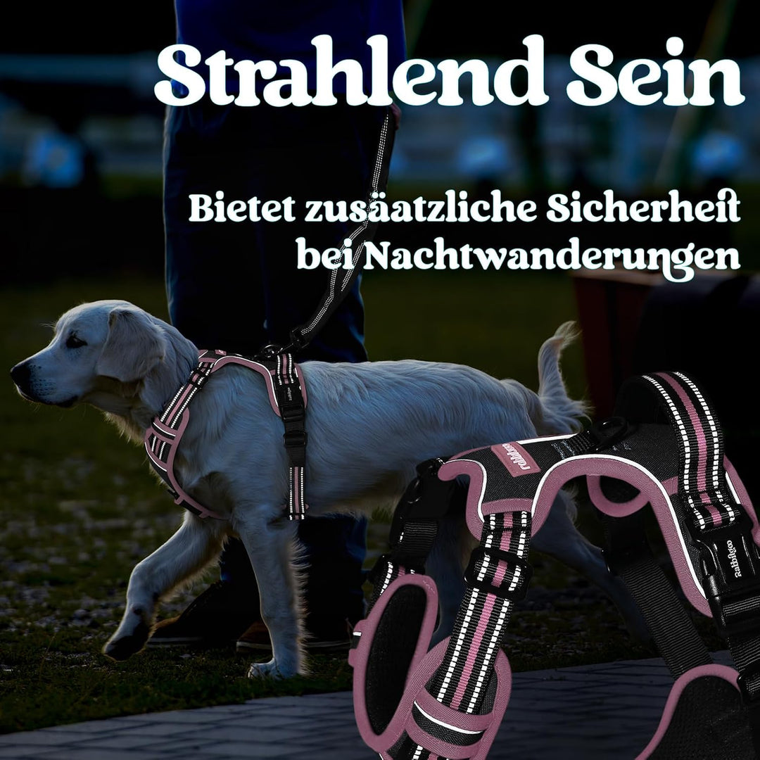 rabbitgoo Hundegeschirr Grosse Hunde Leichtes Anlegen, XL, Schwarz &amp; Rosa | Anti Zug, Ohne Kopfdurch