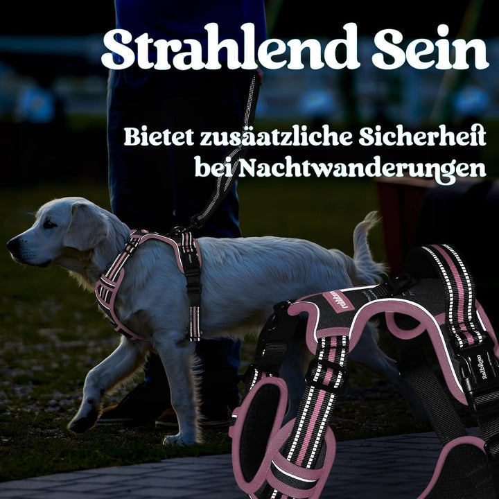 rabbitgoo Hundegeschirr Grosse Hunde Leichtes Anlegen, XL, Schwarz &amp; Rosa | Anti Zug, Ohne Kopfdurch