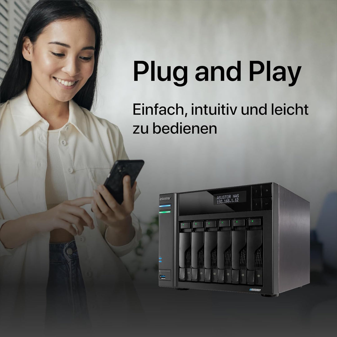 Asustor Lockerstor 6 Gen 2 AS6706T | 6 Bay NAS - Netzwerkspeicher Gehäuse, Quad Core 2.0GHz CPU, 4 M