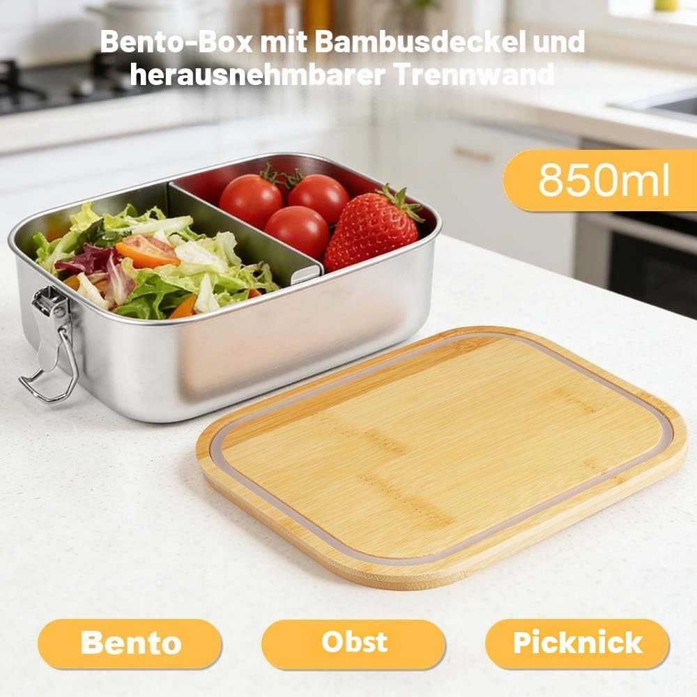 Bento Lunchbox Für Erwachsene/Kinder Edelstahl Brotdose Und Lunchbox Metalldose Mit Holzdeckel Jause