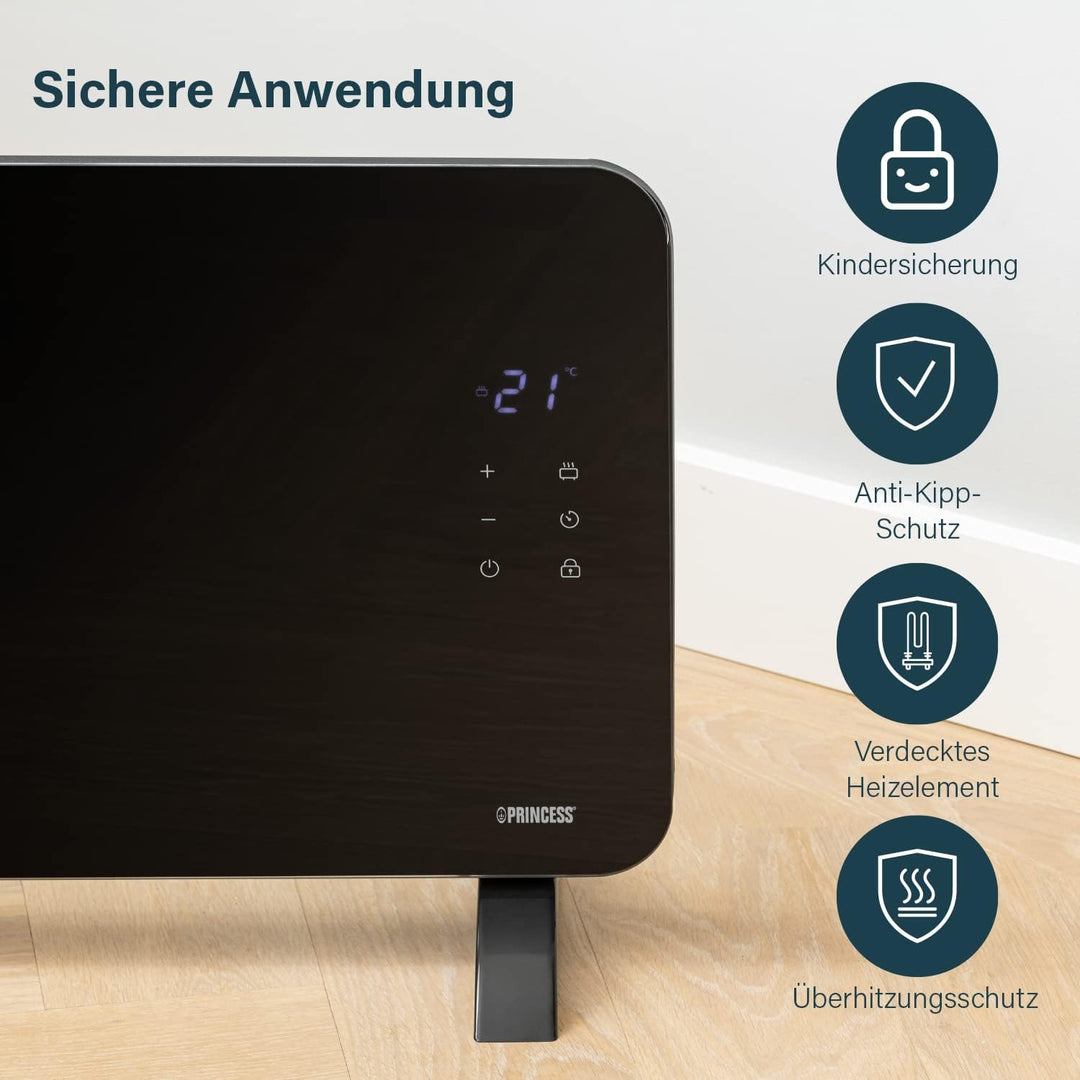 Princess Smarte Konvektor Heizung – 2000 W – Steuerbar über kostenlose App – Glaspaneel – wandmontie