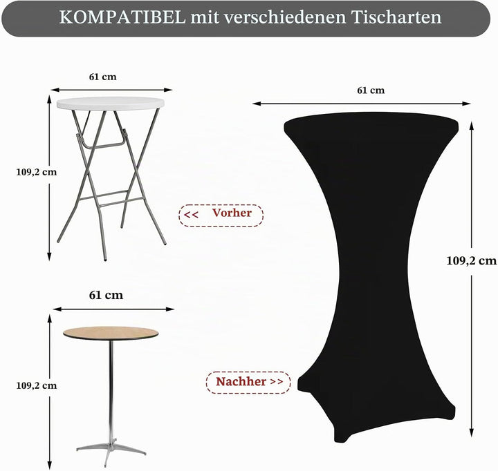 3er-Set Stretch Stehtisch Husse für Bistrotisch Ø 60-65 cm Elegante ,Verstärkung im Fussbereich,40°C