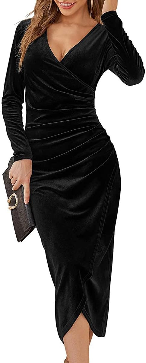 XIVISTO Damen Lange Samtkleid Langarm V-Ausschnitt Bodycon Kleid Elegant Abendkleid Vintage Party Co