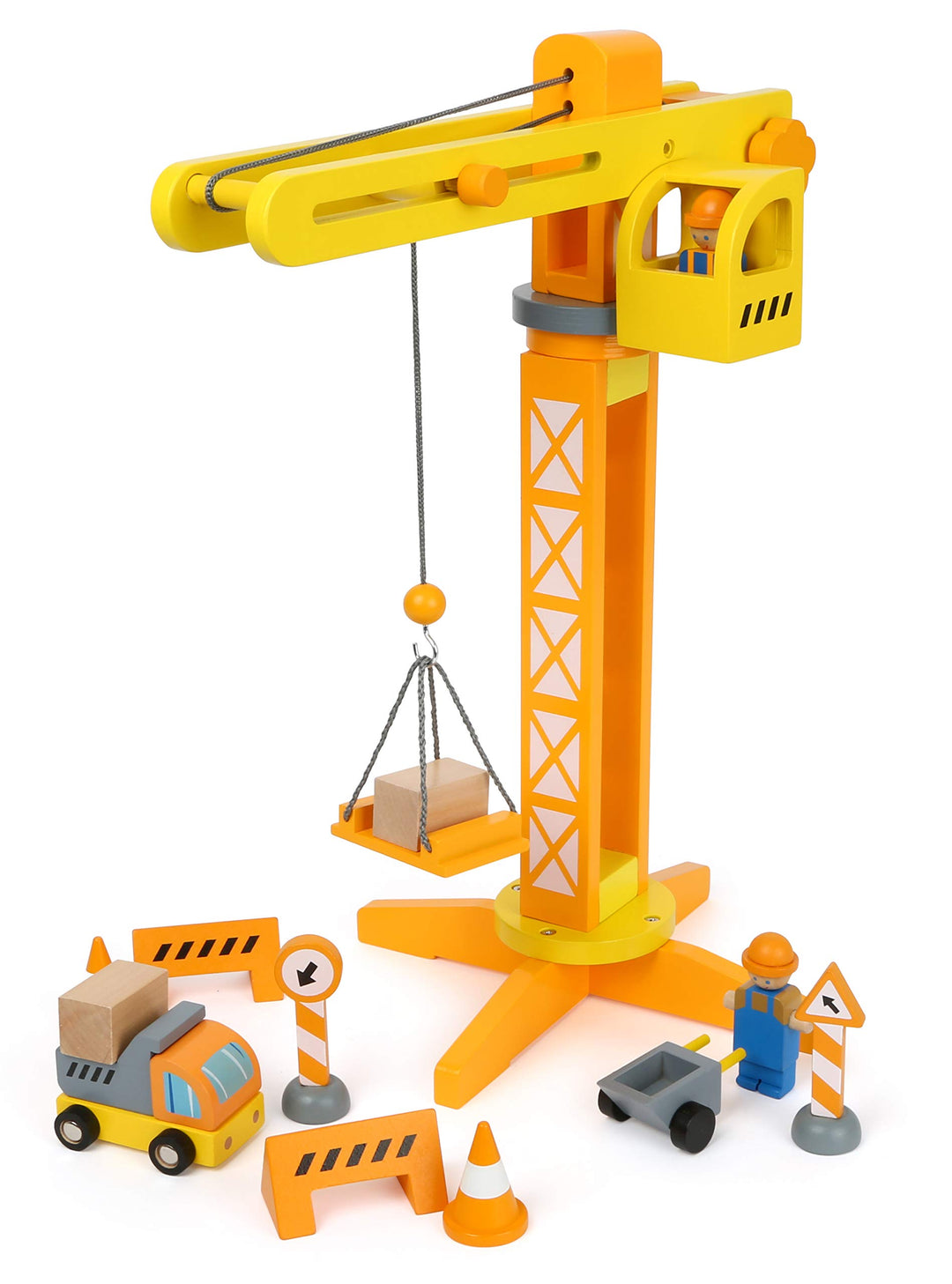 small foot Baukran mit Baustellenzubehör aus Holz, Spiel-Set für Kinder ab 3 Jahren, 12007, Baukran