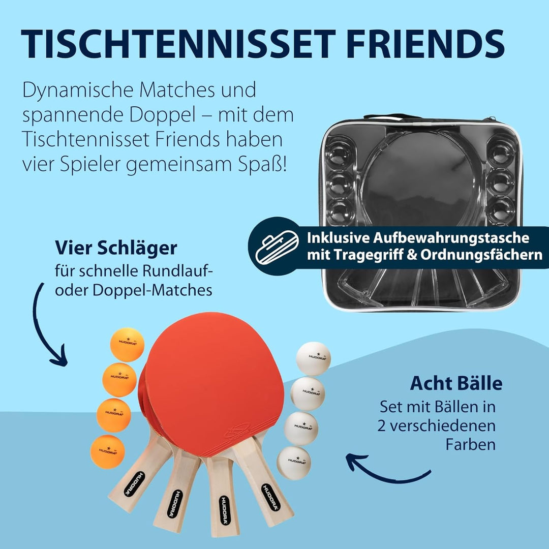 HUDORA Tischtennis Set Friends - hochwertiges Tischtennisschläger Set mit 4 Schlägern &amp; 8 Bällen - P