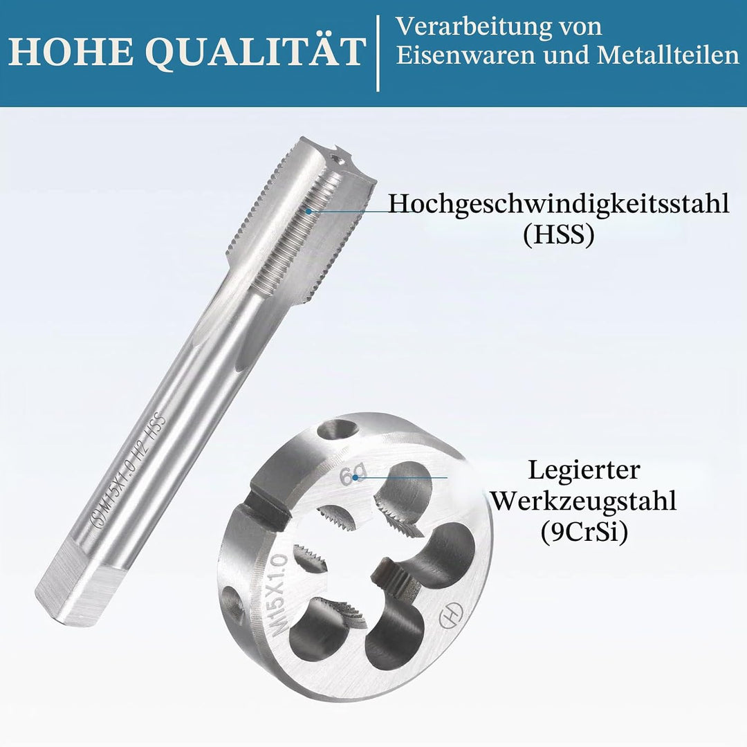 QUARKZMAN M15 x 1mm Metrischer Gewindebohrer und Rundmatrize Set x 1 Set 4 Flöten Schnellarbeitsstah