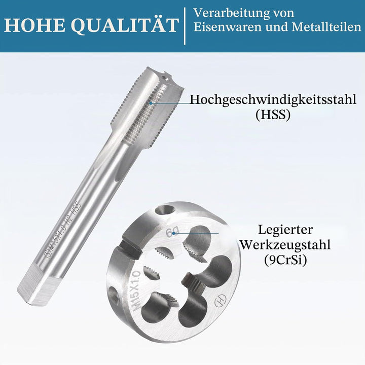 QUARKZMAN M15 x 1mm Metrischer Gewindebohrer und Rundmatrize Set x 1 Set 4 Flöten Schnellarbeitsstah