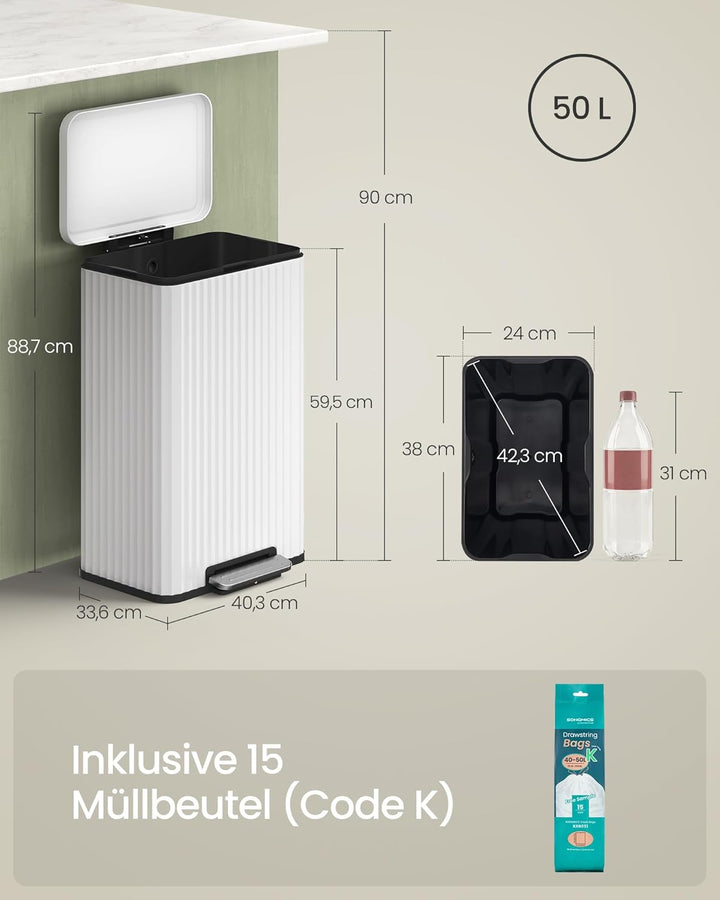 SONGMICS Mülleimer Küche, 50 Liter, Abfalleimer mit Pedal, Tretmülleimer mit Deckel, Softclose, Inne