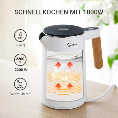 Midea Edelstahl Wasserkocher mit Temperatureinstellung, 1,5 Liter, 2200W, wasserkocher weiss, Teekoc